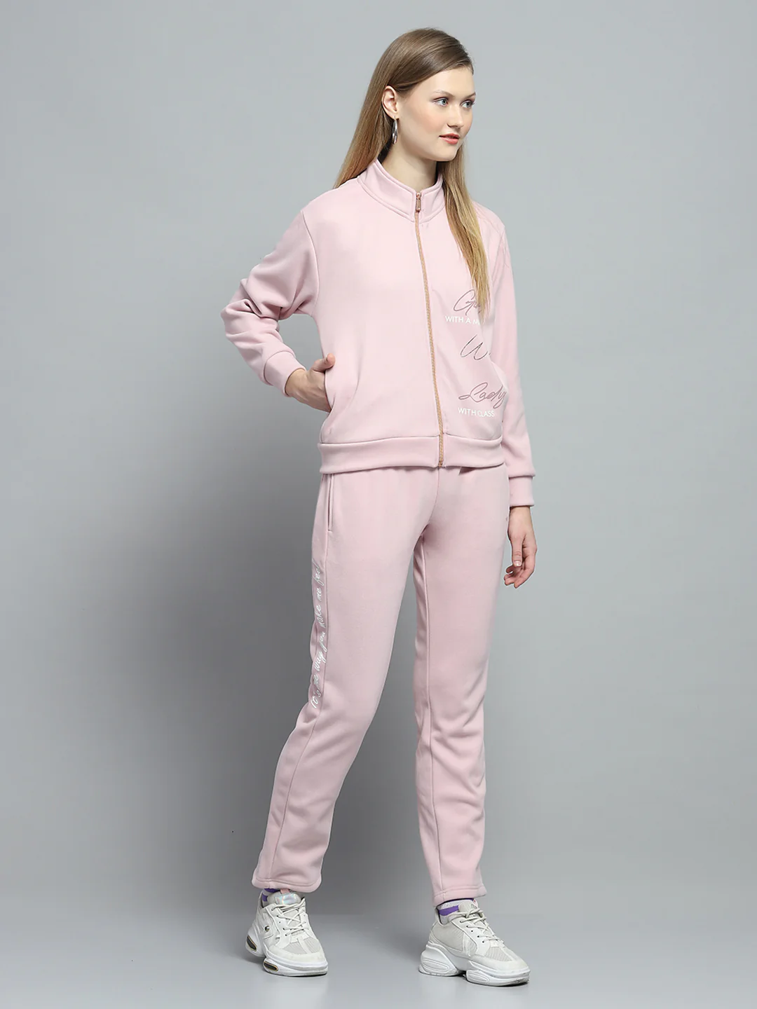 Women Pink Printed Mock Neck Full Sleeve Tracksuit - Image 4