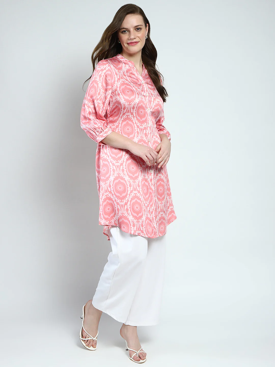 Women Pink Printed Round Neck 3/4th Sleeve Kurti - Image 4