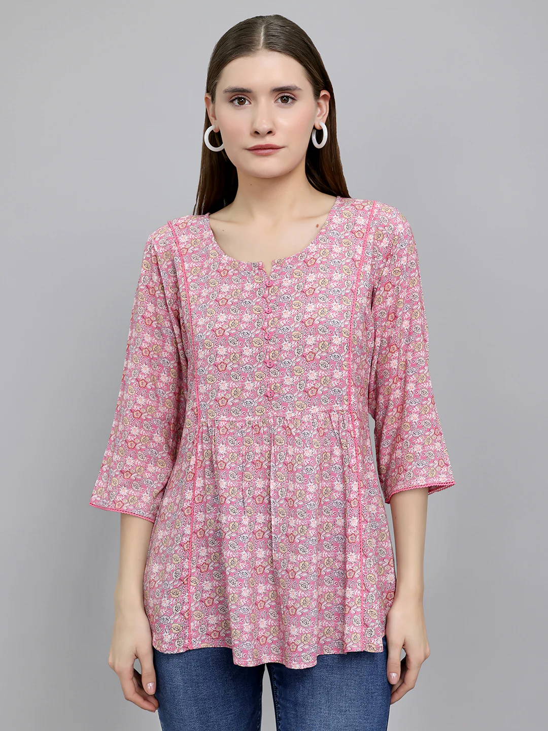 Women Pink Printed Round Neck 3/4th Sleeve Top