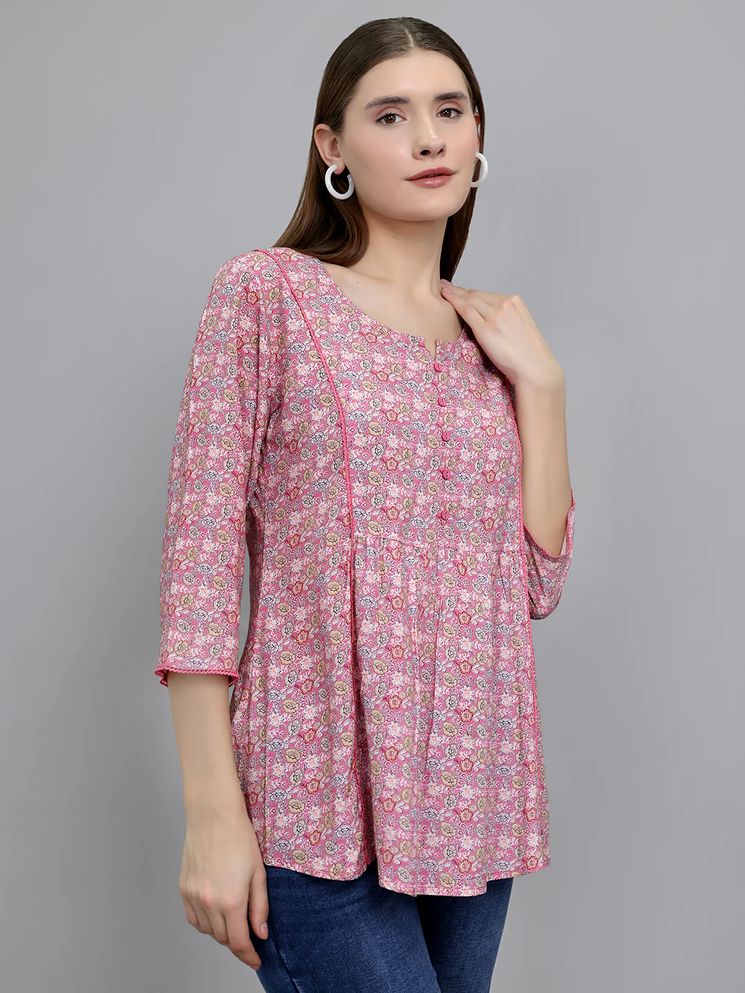 Women Pink Printed Round Neck 3/4th Sleeve Top - Image 3