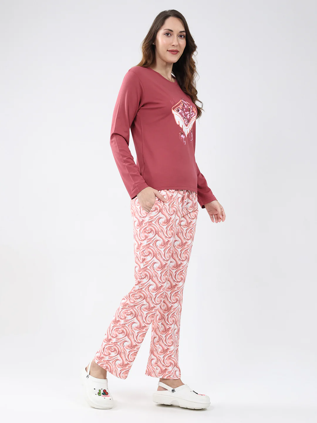 Women Pink Printed Round Neck Full Sleeve Lower Set - Image 4