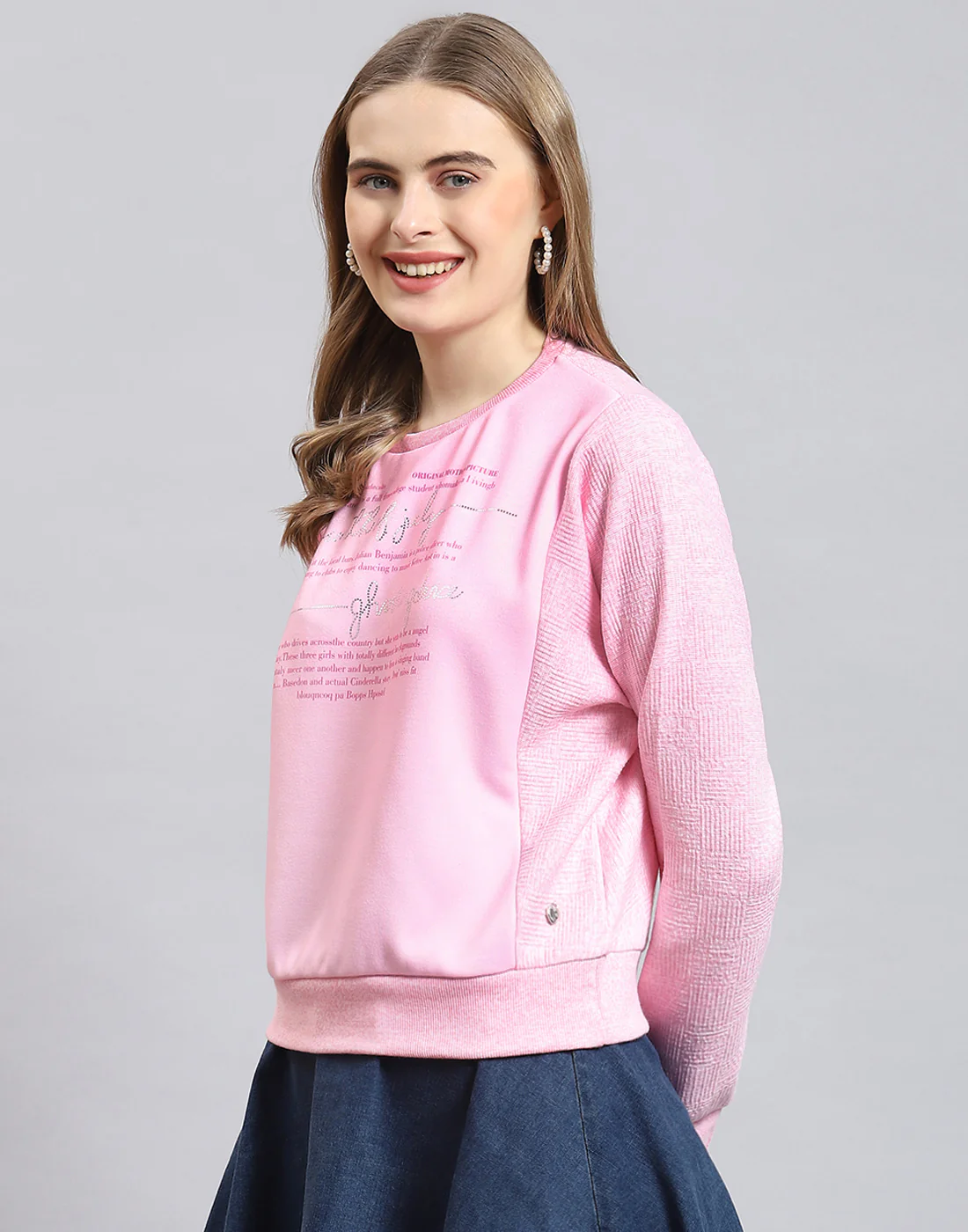 Women Pink Printed Round Neck Full Sleeve Sweatshirt - Image 4