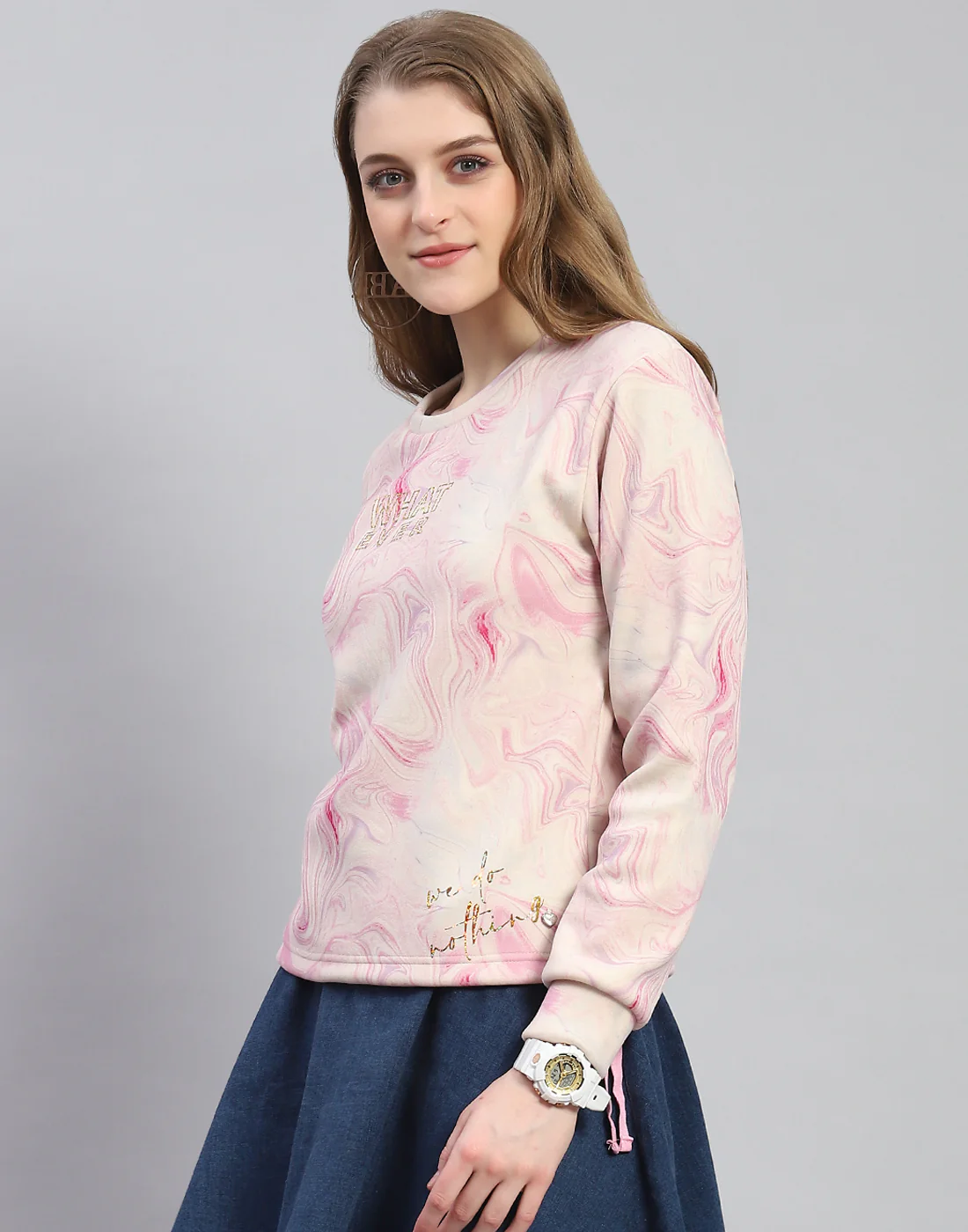 Women Pink Printed Round Neck Full Sleeve Sweatshirt - Image 3