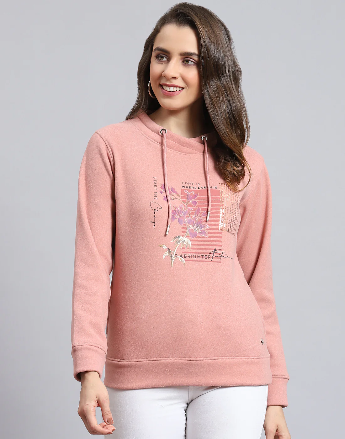 Women Pink Printed Round Neck Full Sleeve Sweatshirt - Image 3