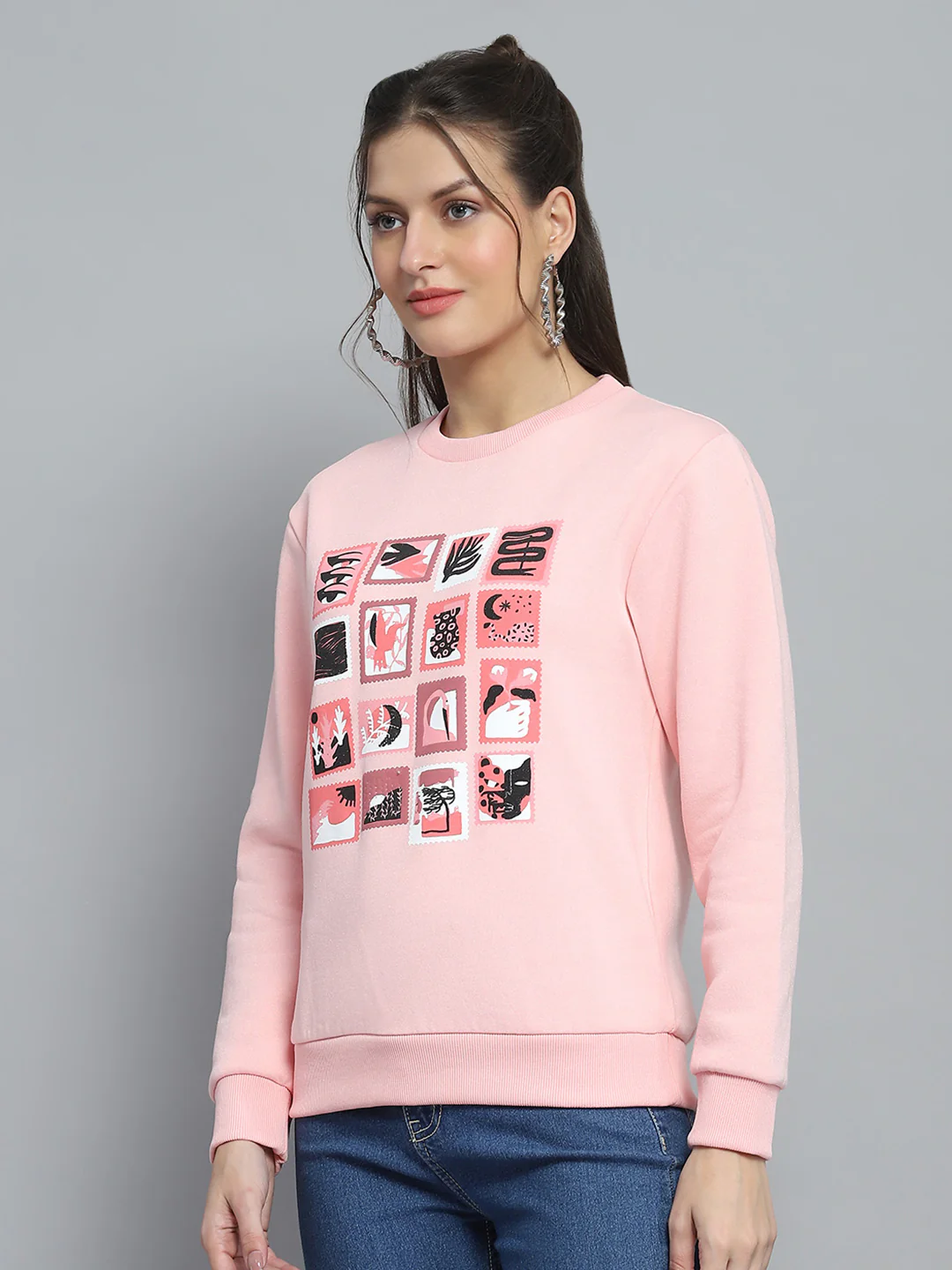Women Pink Printed Round Neck Full Sleeve Sweatshirt - Image 3