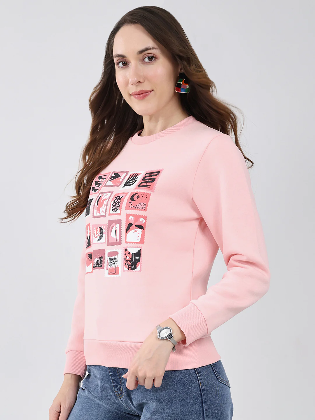 Women Pink Printed Round Neck Full Sleeve Sweatshirt - Image 3
