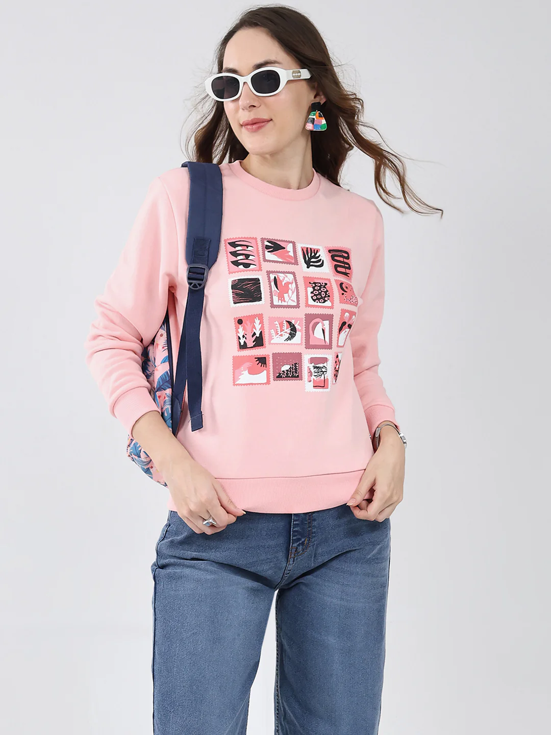 Women Pink Printed Round Neck Full Sleeve Sweatshirt - Image 6
