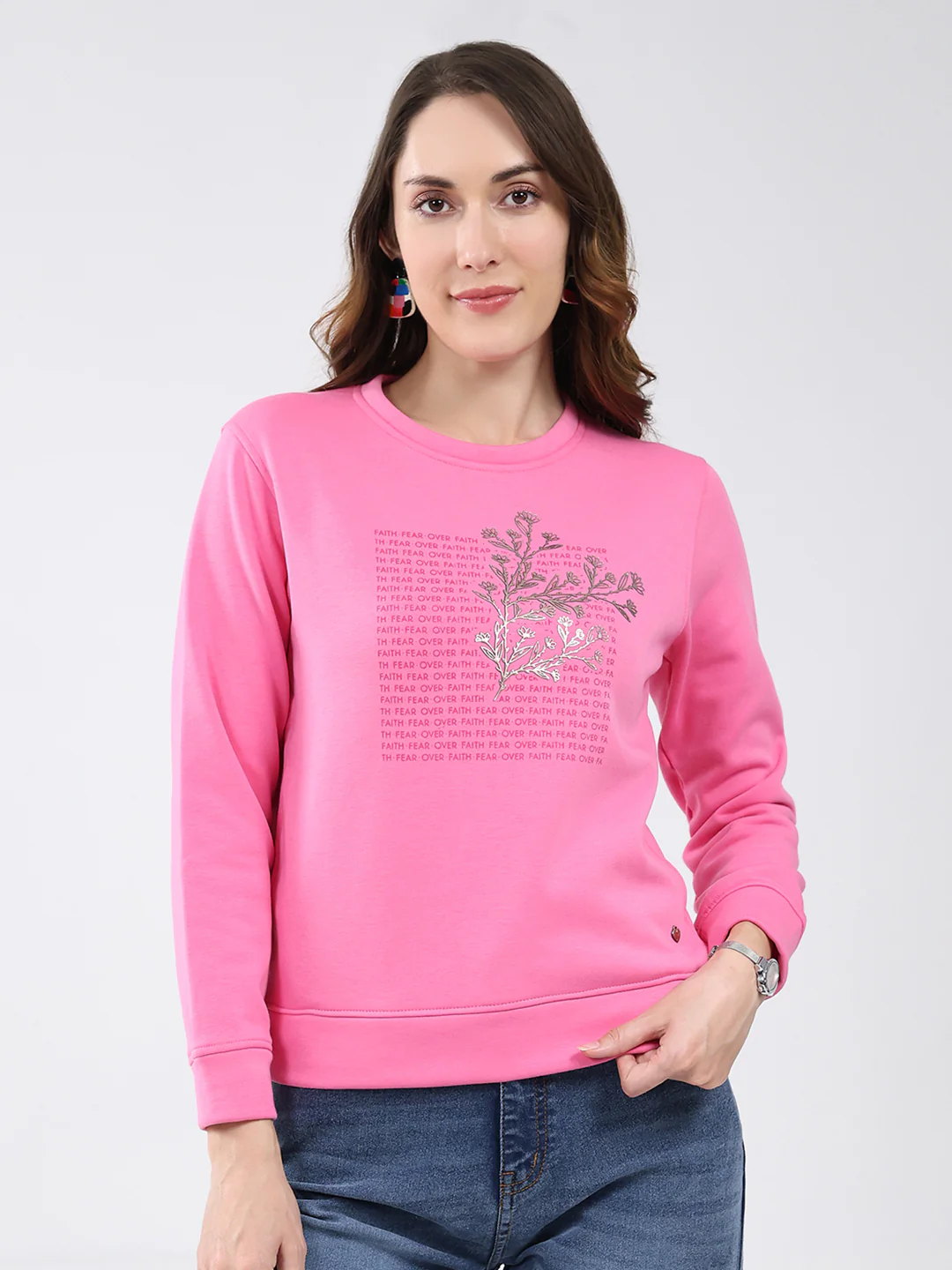 Women Pink Printed Round Neck Full Sleeve Sweatshirt