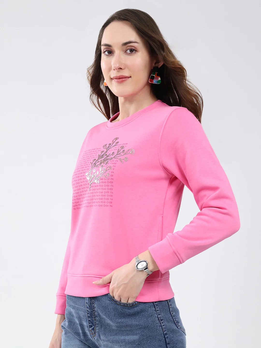 Women Pink Printed Round Neck Full Sleeve Sweatshirt - Image 3