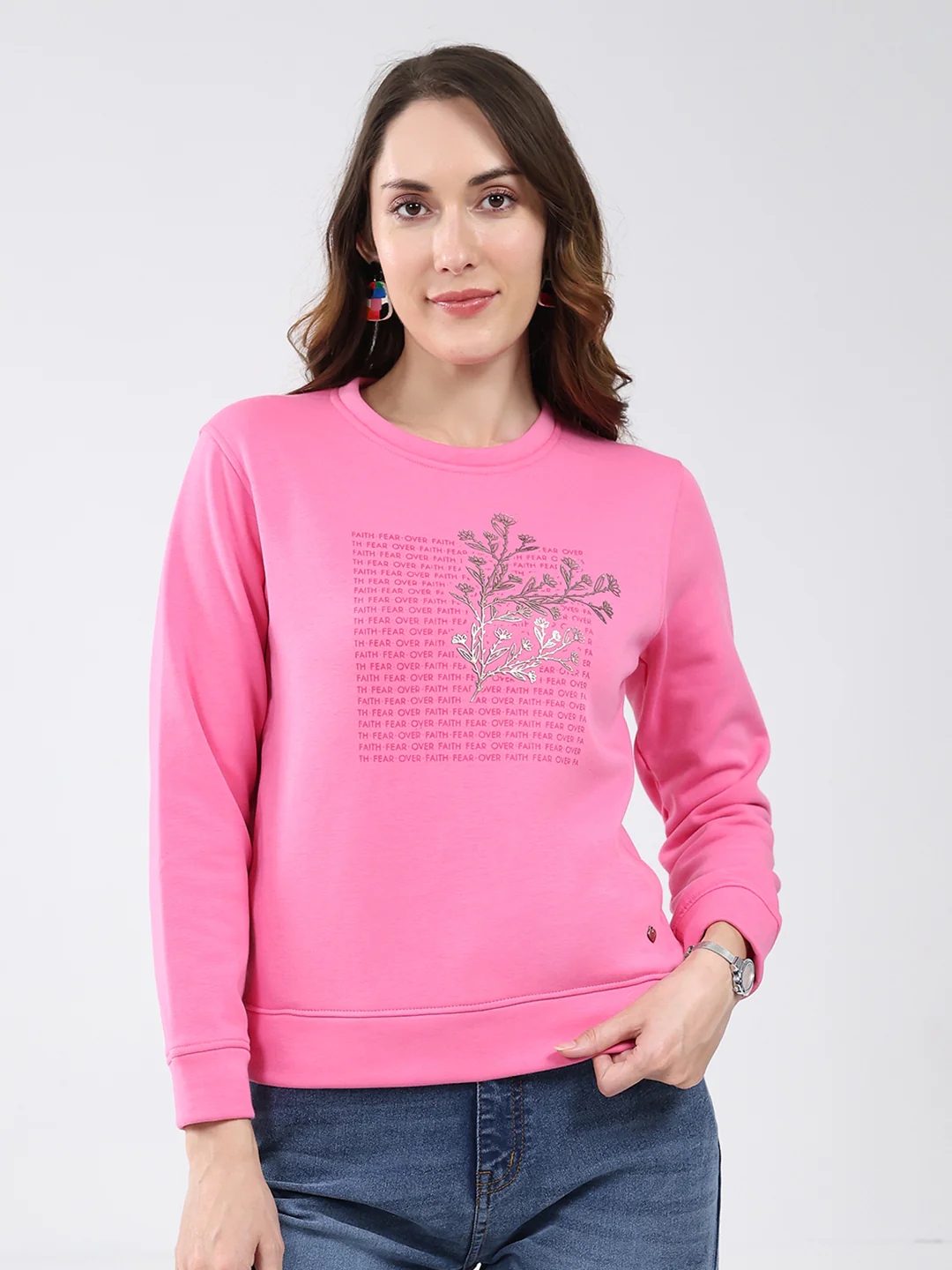 Women Pink Printed Round Neck Full Sleeve Sweatshirt - Image 6