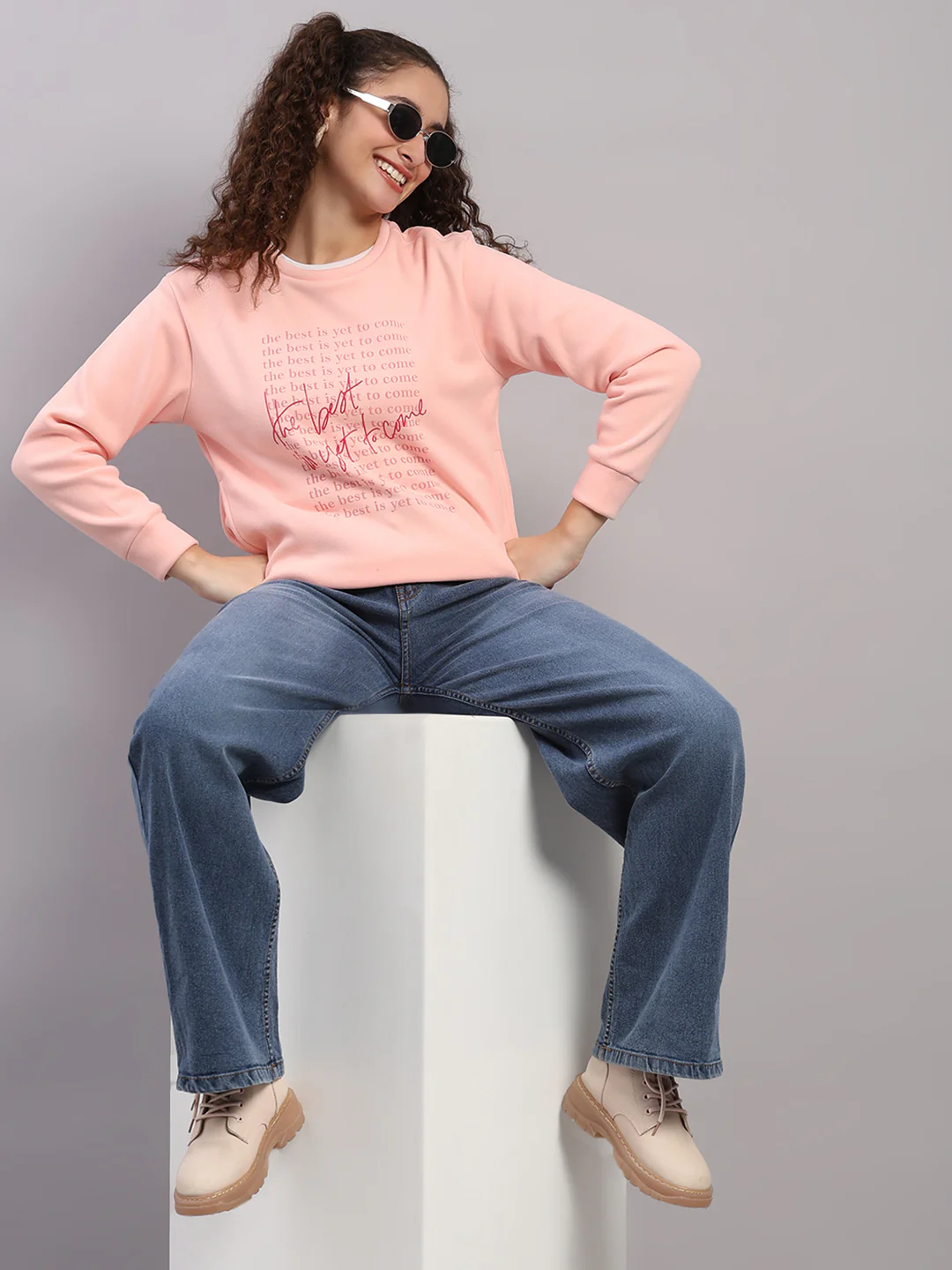 Women Pink Printed Round Neck Full Sleeve Sweatshirt - Image 2