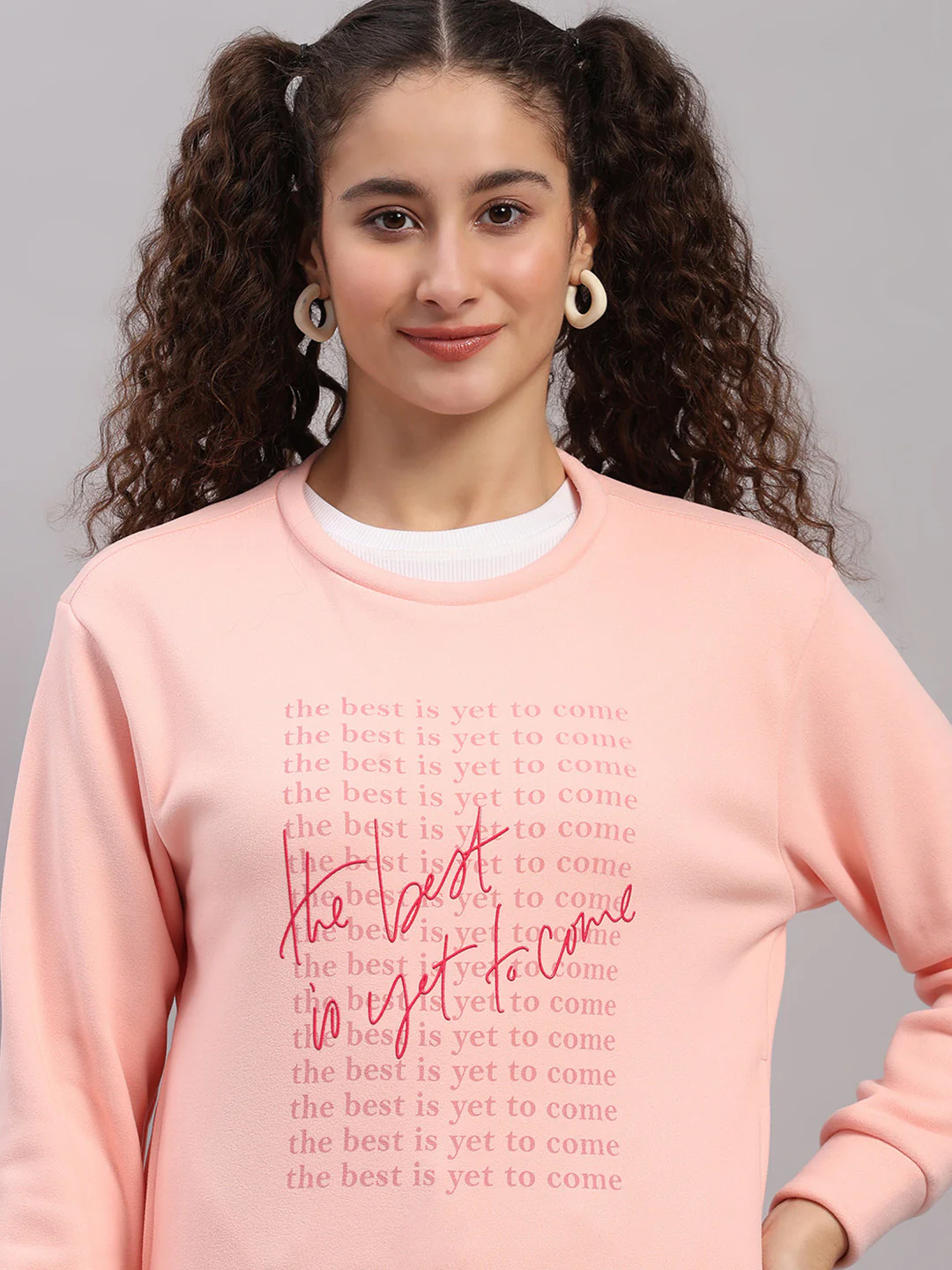 Women Pink Printed Round Neck Full Sleeve Sweatshirt - Image 6