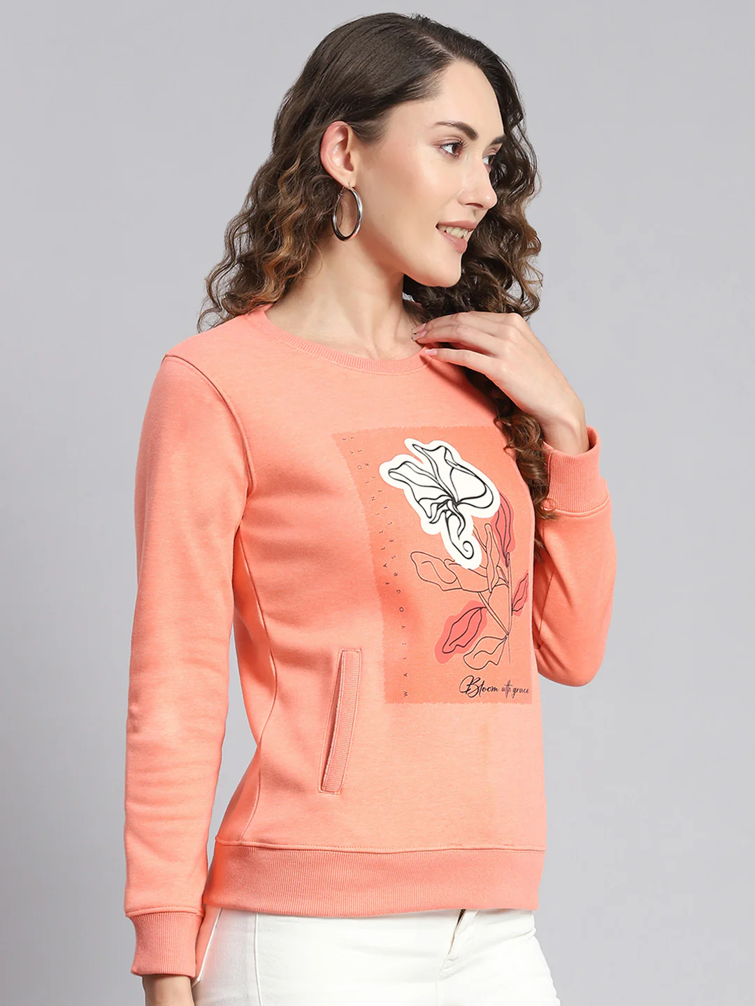 Women Pink Printed Round Neck Full Sleeve Sweatshirts - Image 4