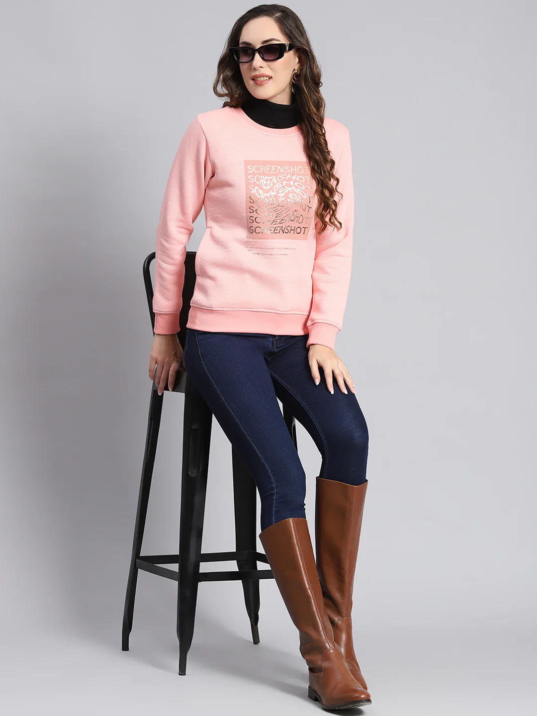 Women Pink Printed Round Neck Full Sleeve Sweatshirts - Image 2