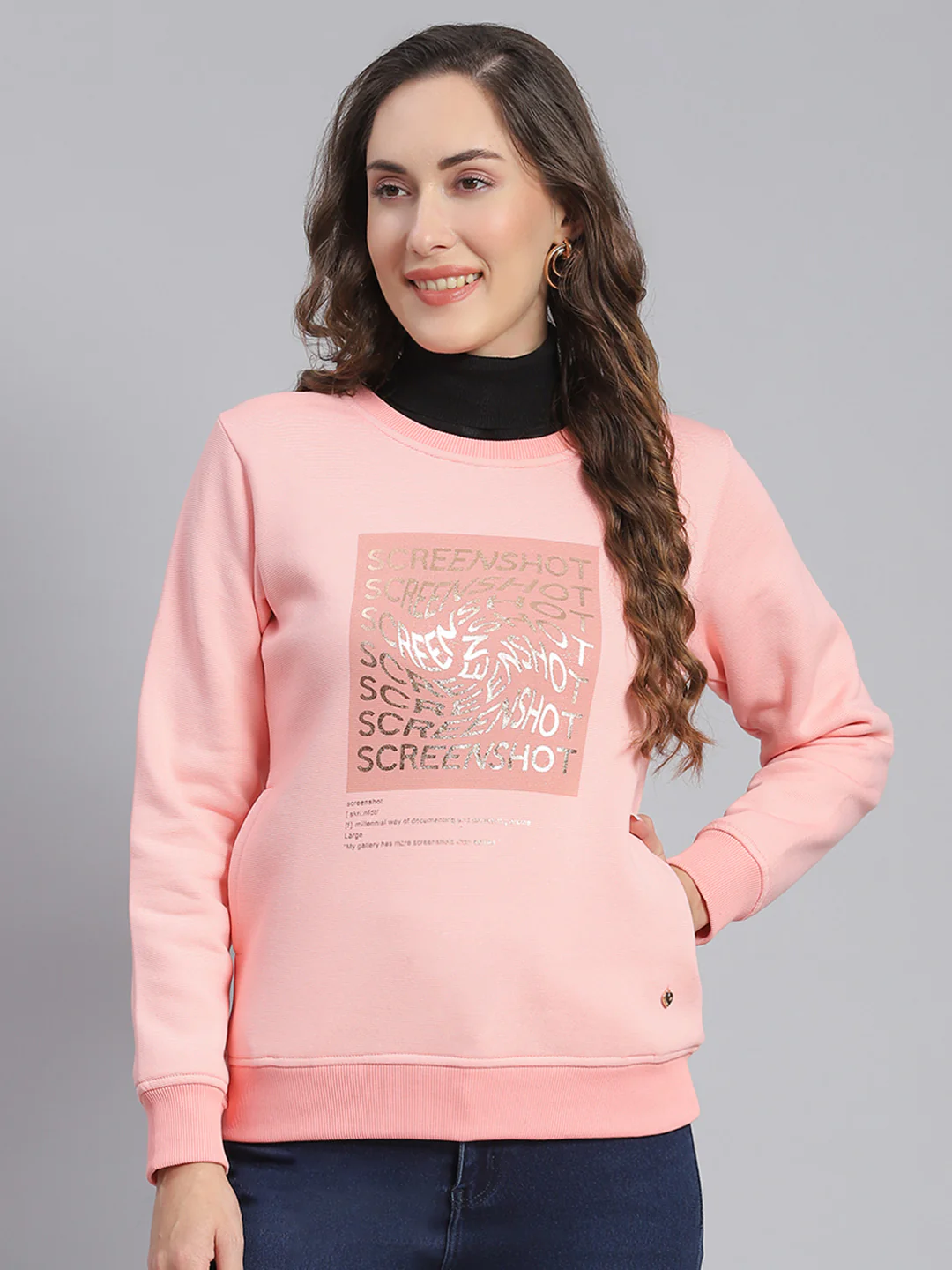 Women Pink Printed Round Neck Full Sleeve Sweatshirts - Image 3