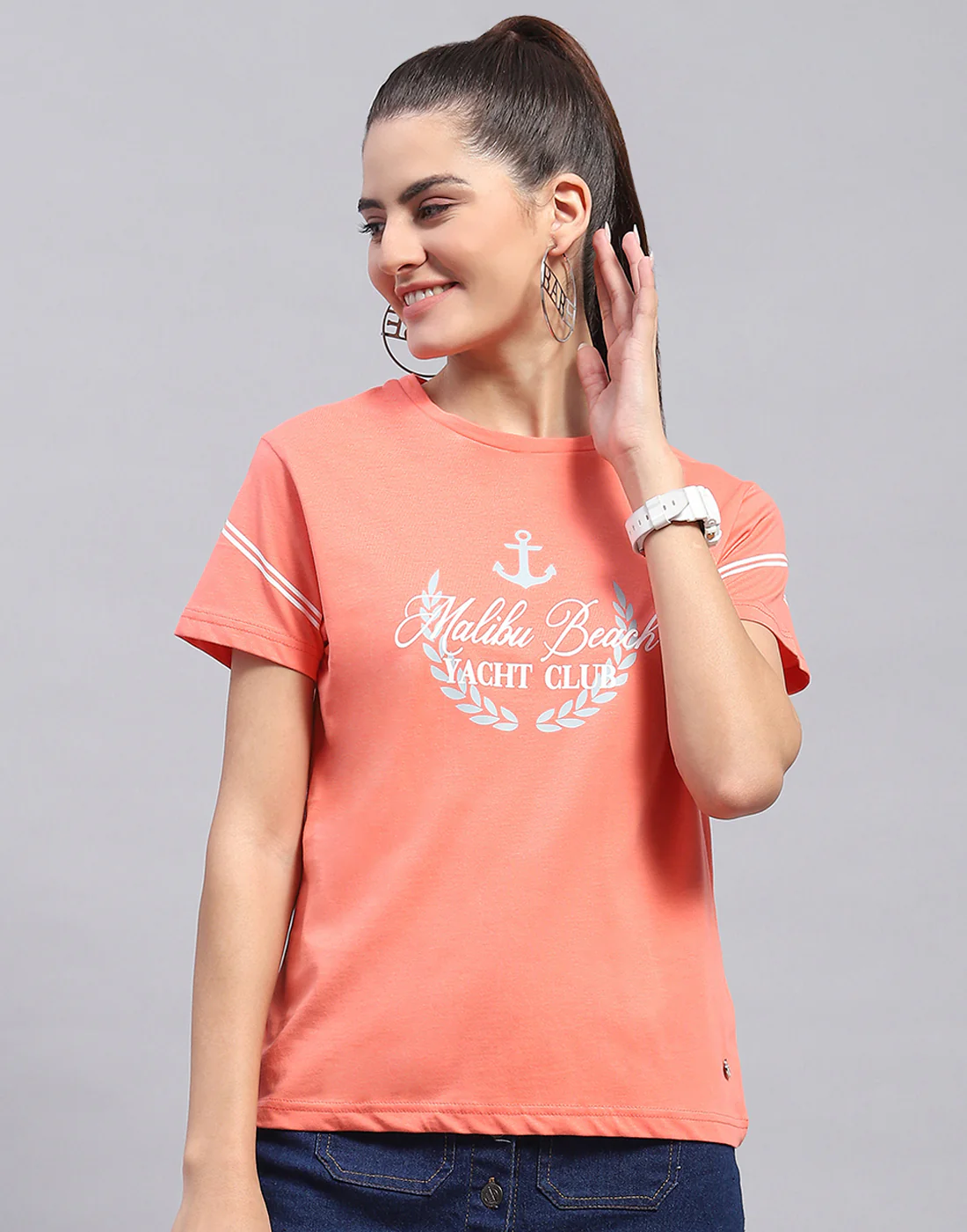 Women Pink Printed Round Neck Half Sleeve Top - Image 2