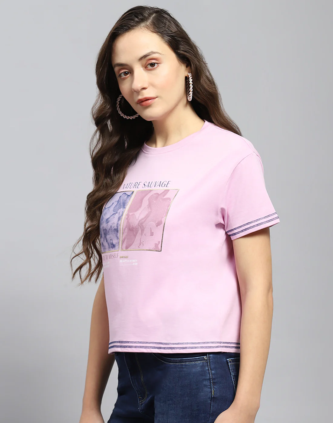 Women Pink Printed Round Neck Half Sleeve Top - Image 3