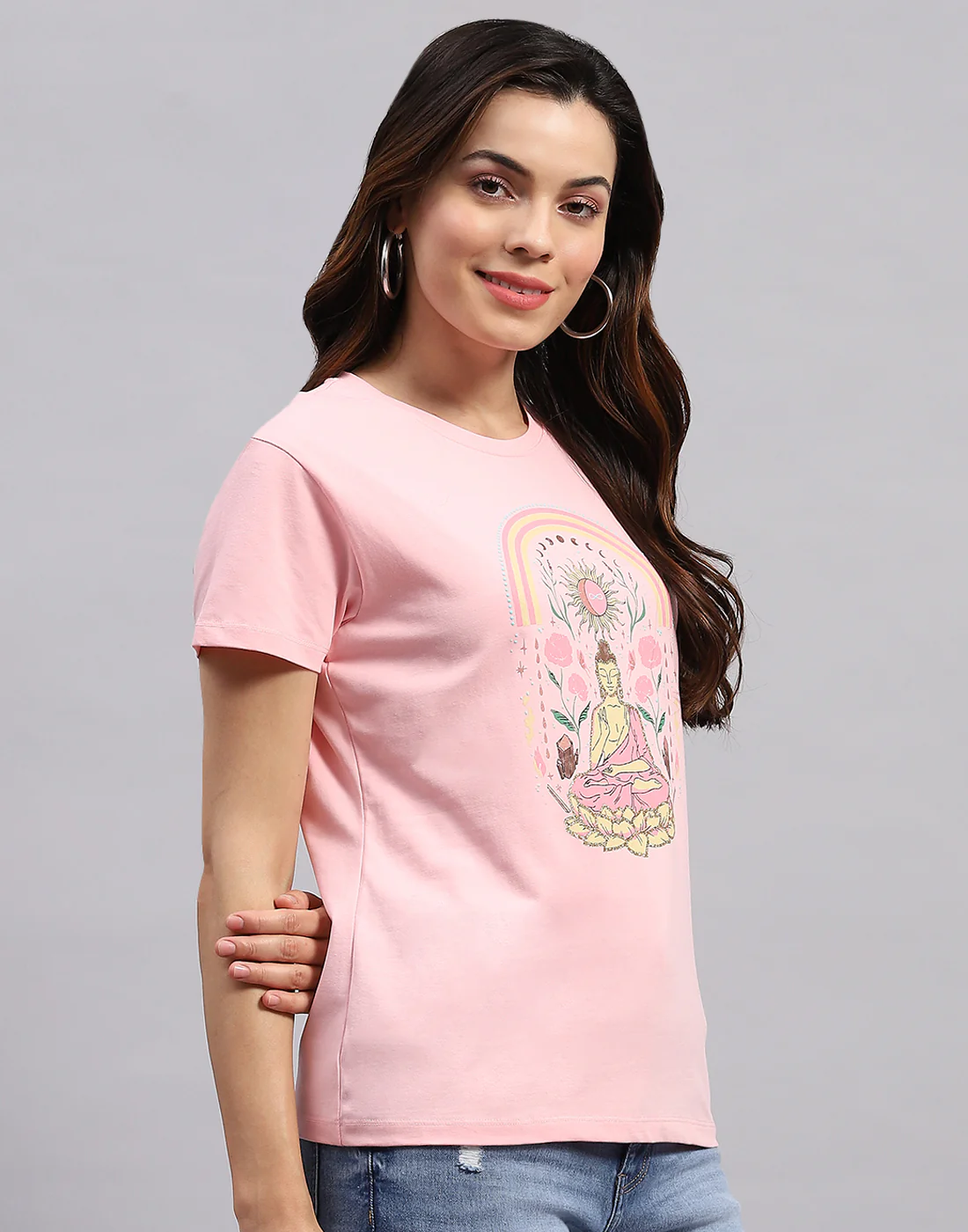 Women Pink Printed Round Neck Half Sleeve Top - Image 4
