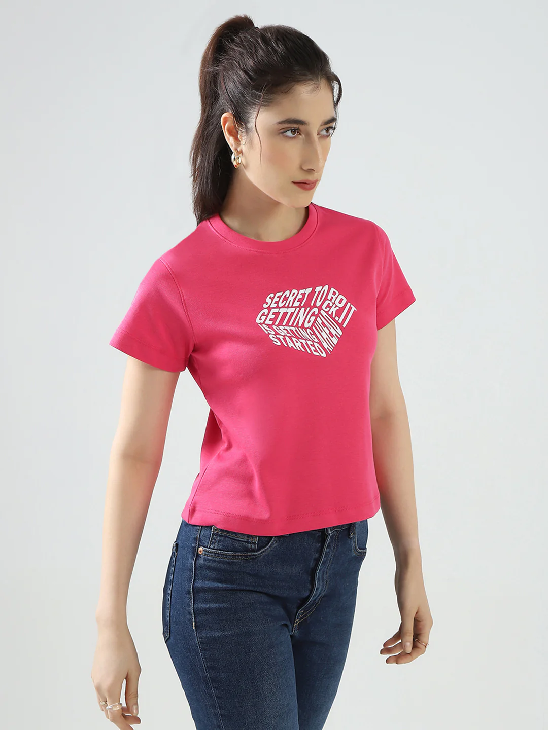 Rock.it Women Pink Printed Round Neck Half Sleeve Top - Image 4