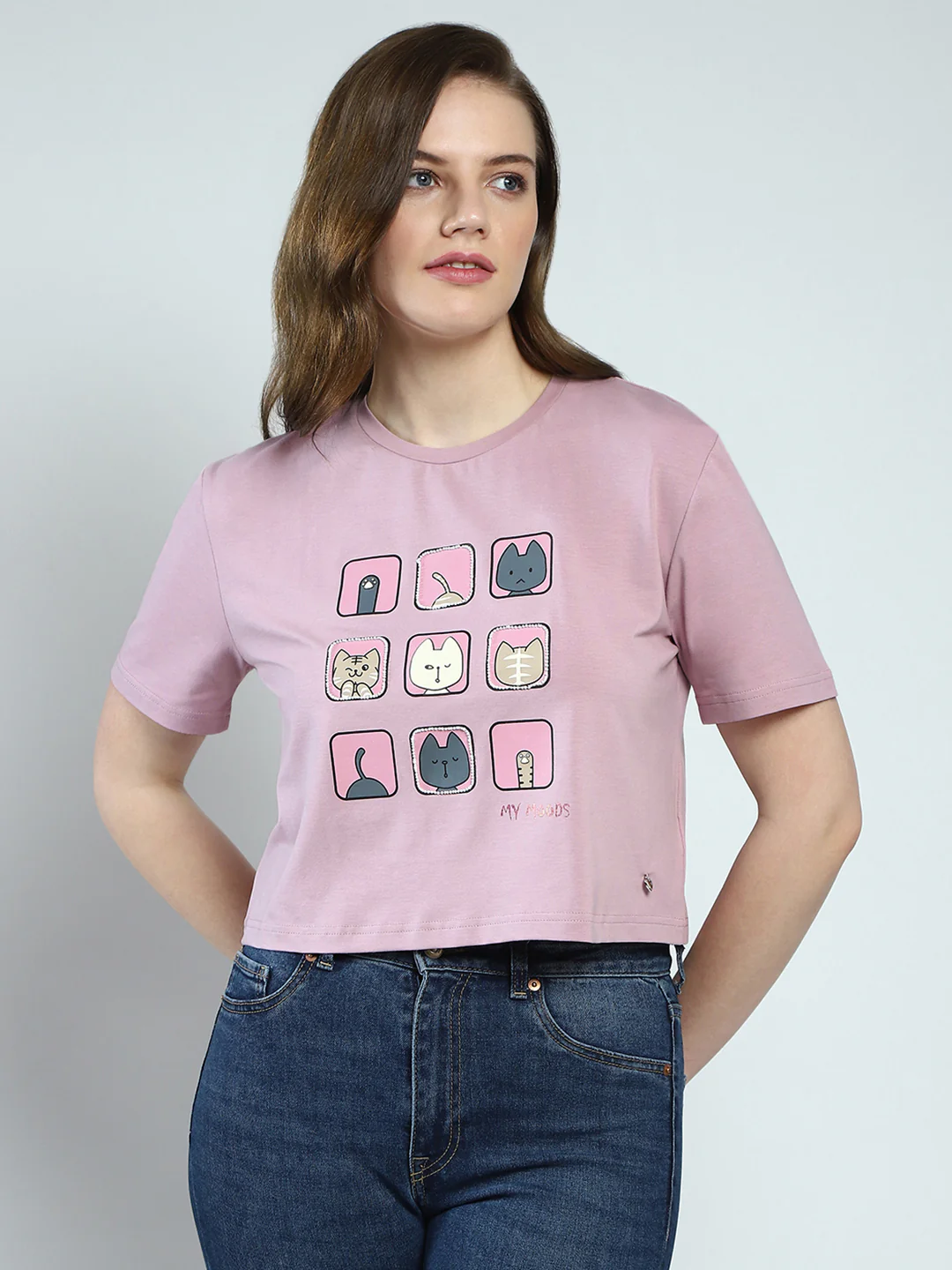 Women Pink Printed Round Neck Half Sleeve Top
