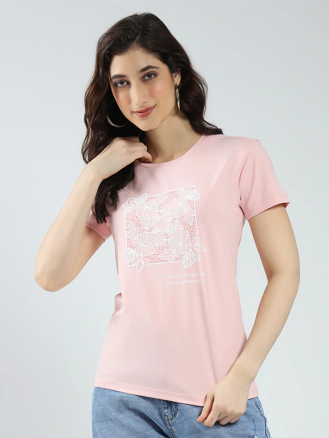 Women Pink Printed Round Neck Half Sleeve Top - Image 3