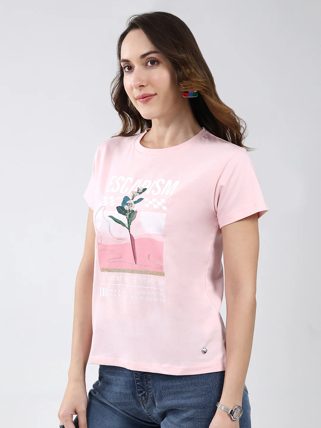 Women Pink Printed Round Neck Half Sleeve Top - Image 3