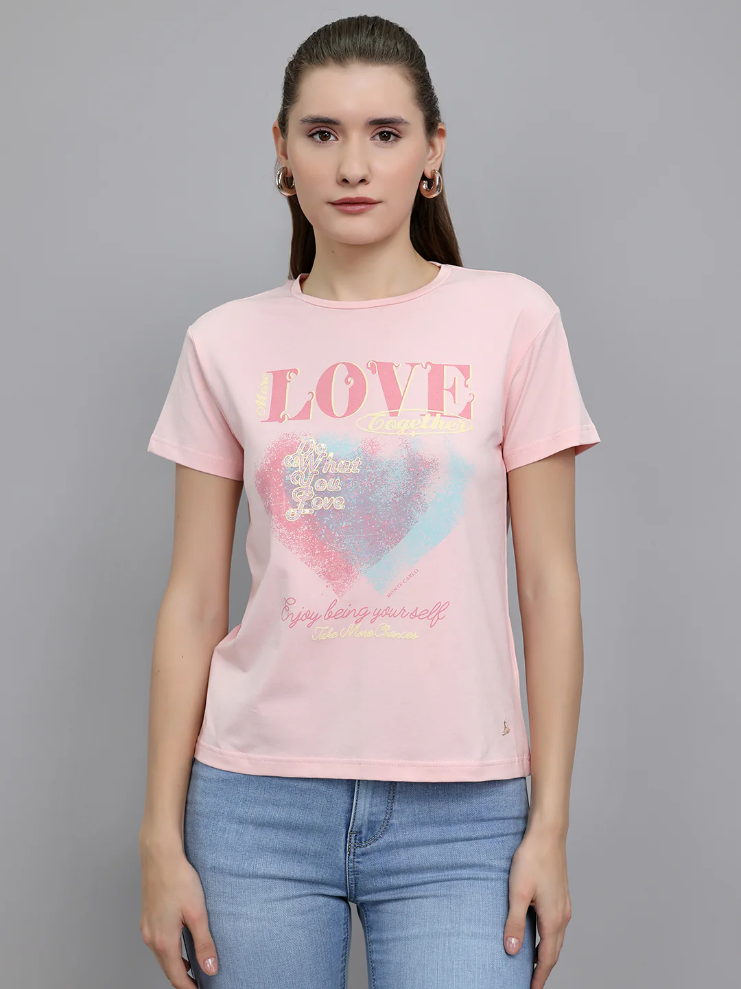 Women Pink Printed Round Neck Half Sleeve Top