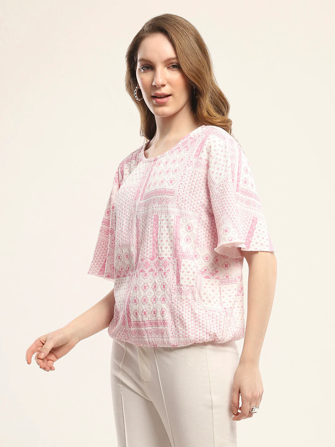 Women Pink Printed Round Neck Half Sleeve Winte Top - Image 3