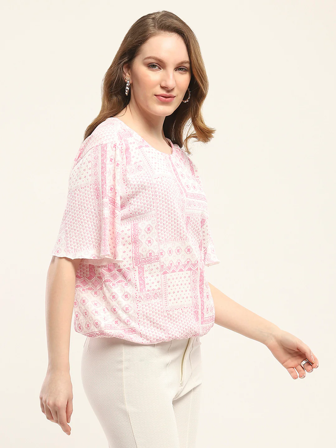 Women Pink Printed Round Neck Half Sleeve Winte Top - Image 4