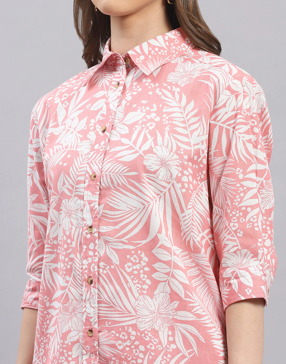 Women Pink Printed Spread Collar Half Sleeve Cords Set - Image 2