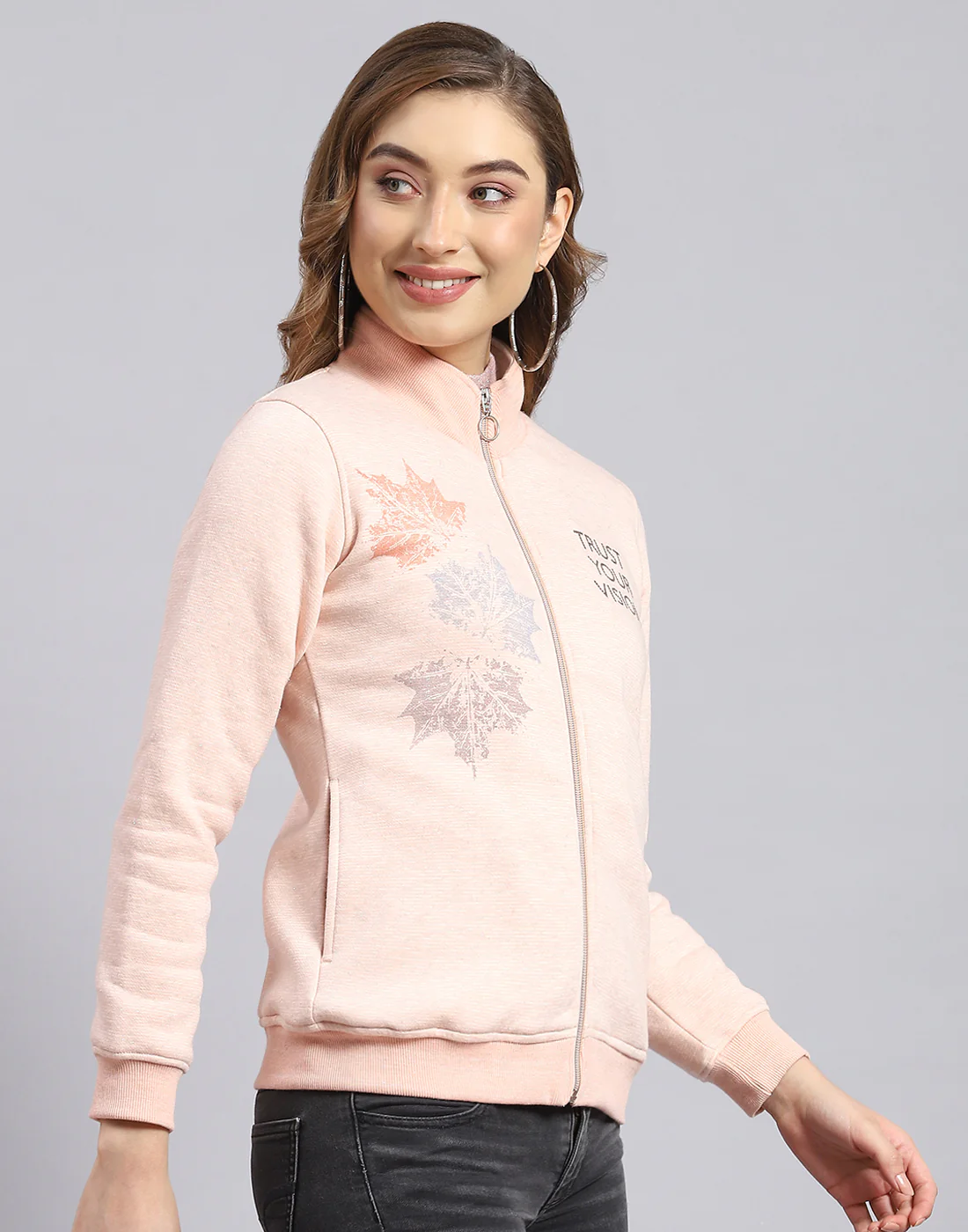 Women Pink Printed Stand Collar Full Sleeve Sweatshirt - Image 4