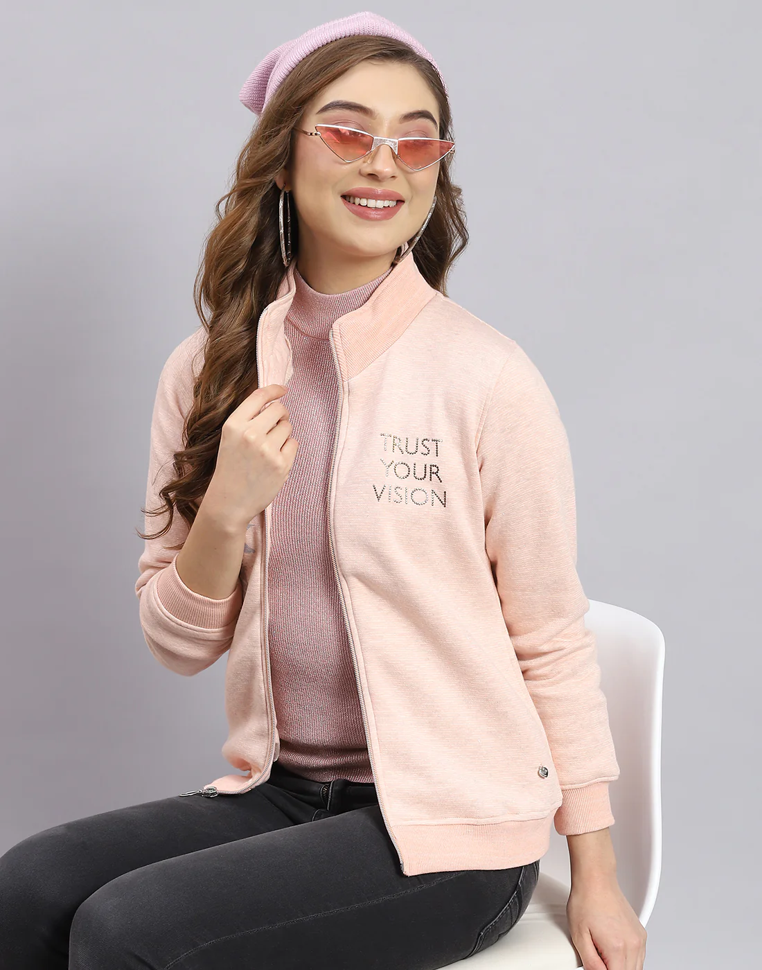 Women Pink Printed Stand Collar Full Sleeve Sweatshirt - Image 6