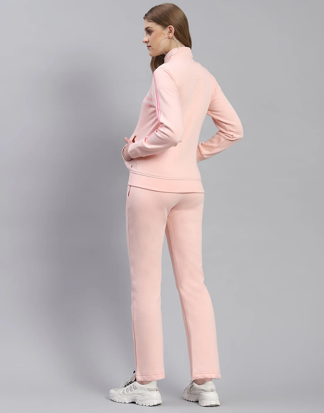 Women Pink Printed Stand Collar Full Sleeve Tracksuit - Image 5