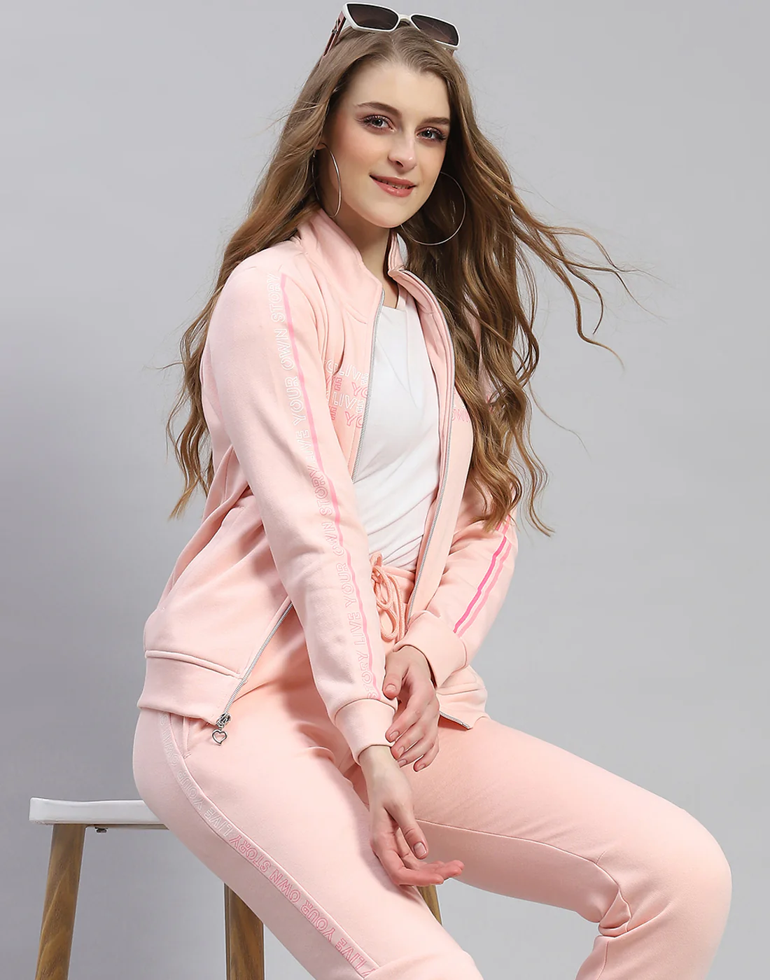 Women Pink Printed Stand Collar Full Sleeve Tracksuit - Image 6