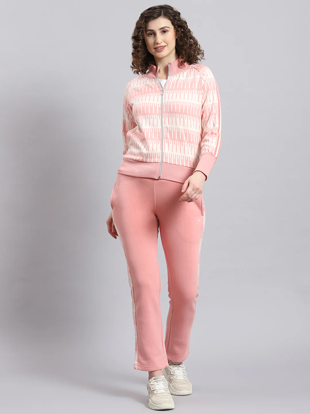 Women Pink Printed Stand Collar Full Sleeve Tracksuit - Image 5