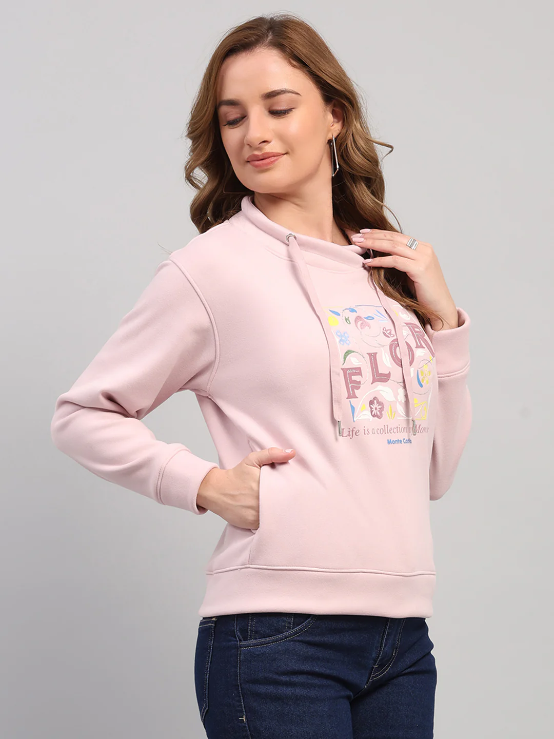 Women Pink Printed Turtle Neck Full Sleeve Sweatshirt - Image 4