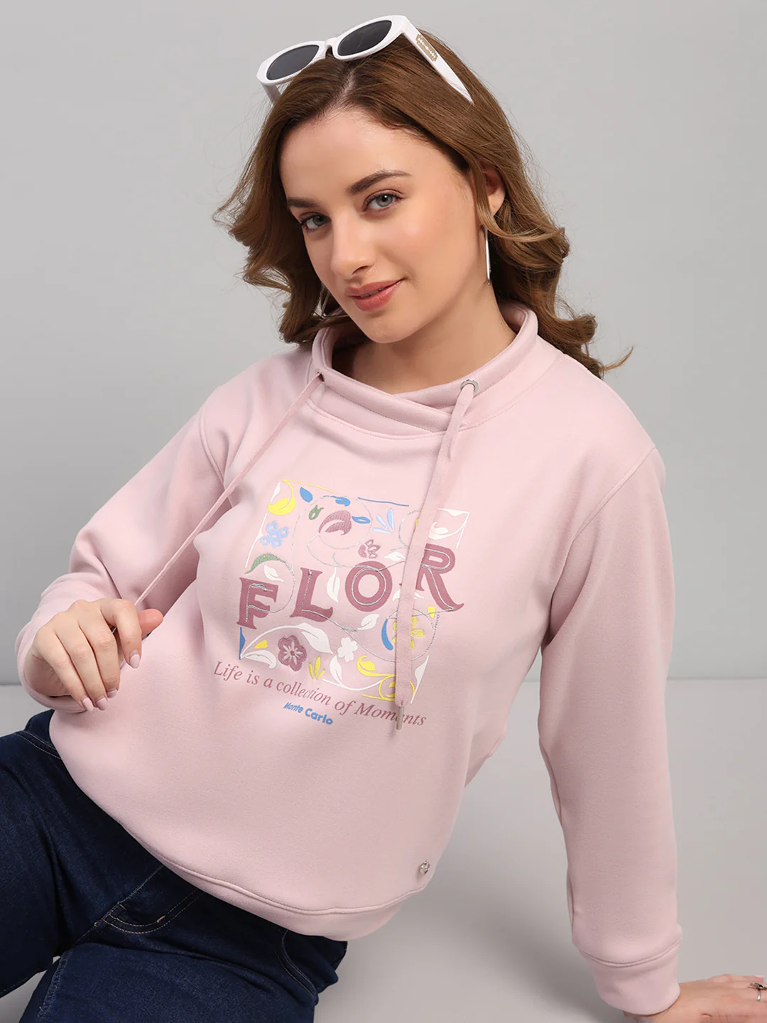 Women Pink Printed Turtle Neck Full Sleeve Sweatshirt - Image 6