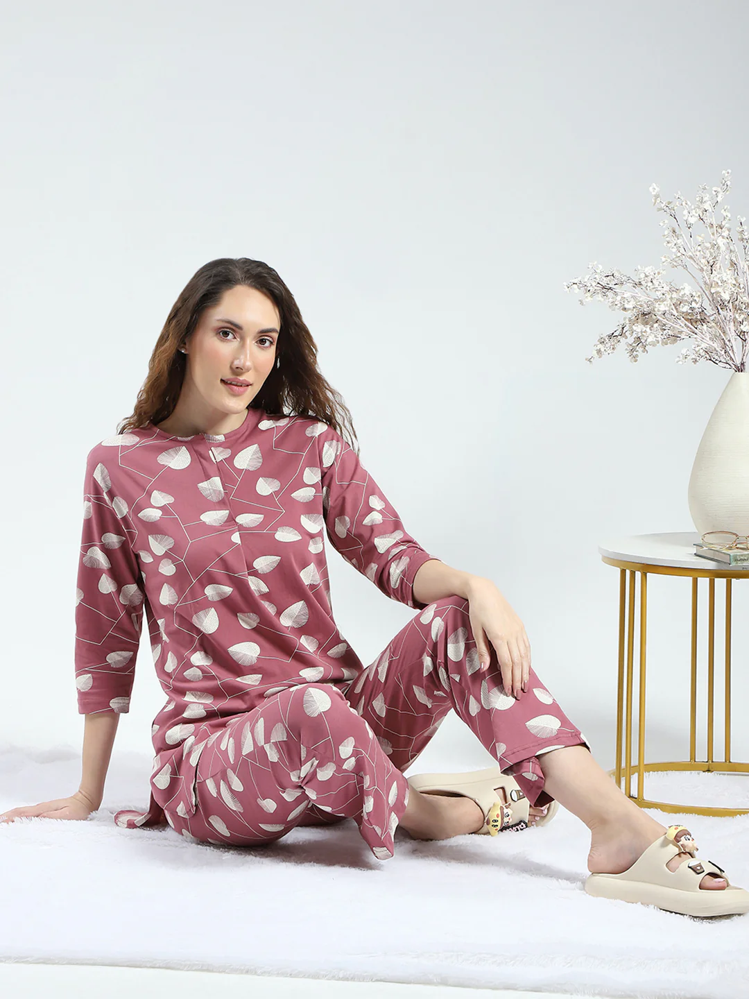 Women Pink Printed Round Neck 3/4th Sleeve Lower Set - Image 2