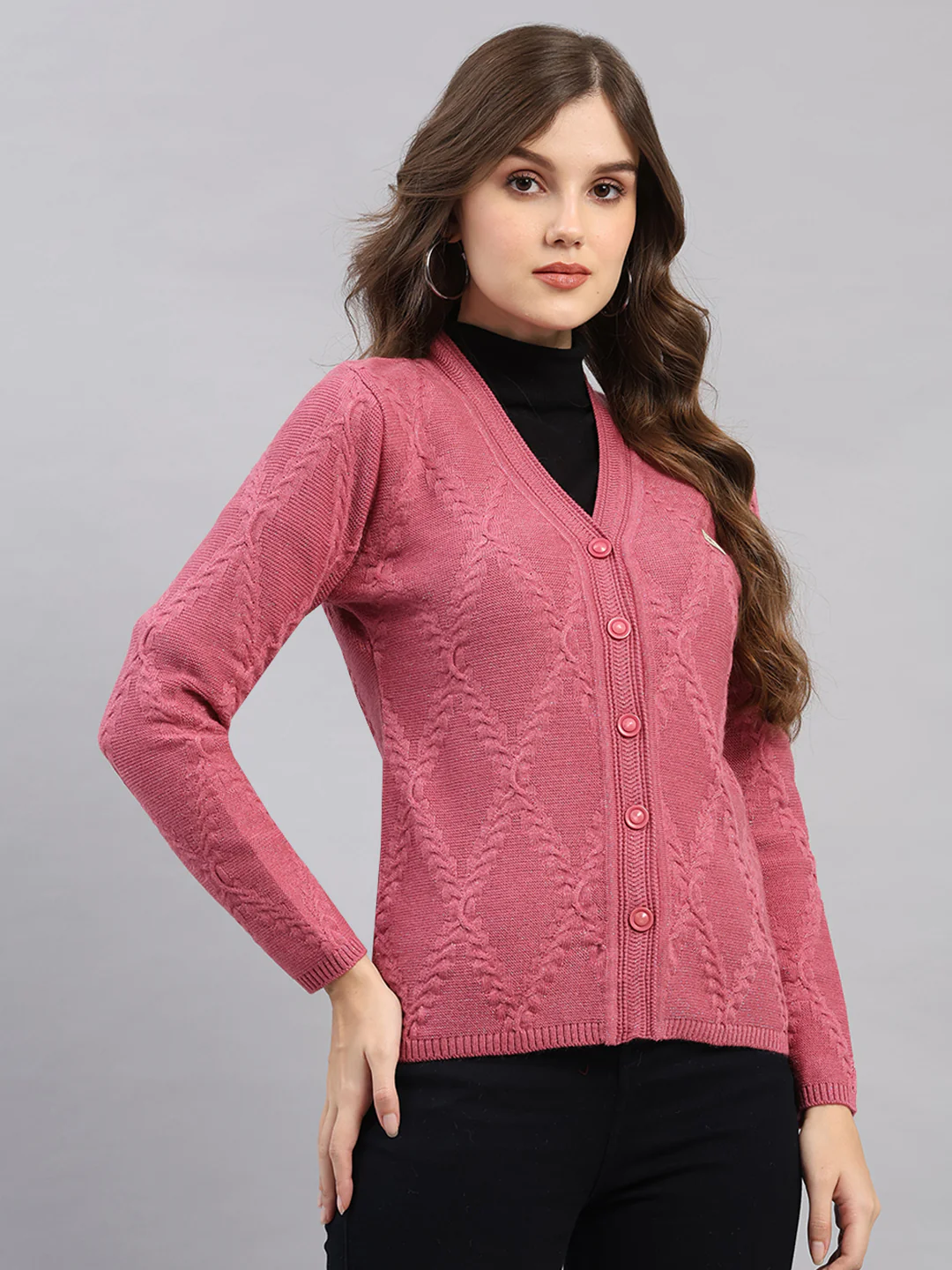 Women Pink Printed V Neck Full Sleeve Cardigan - Image 4