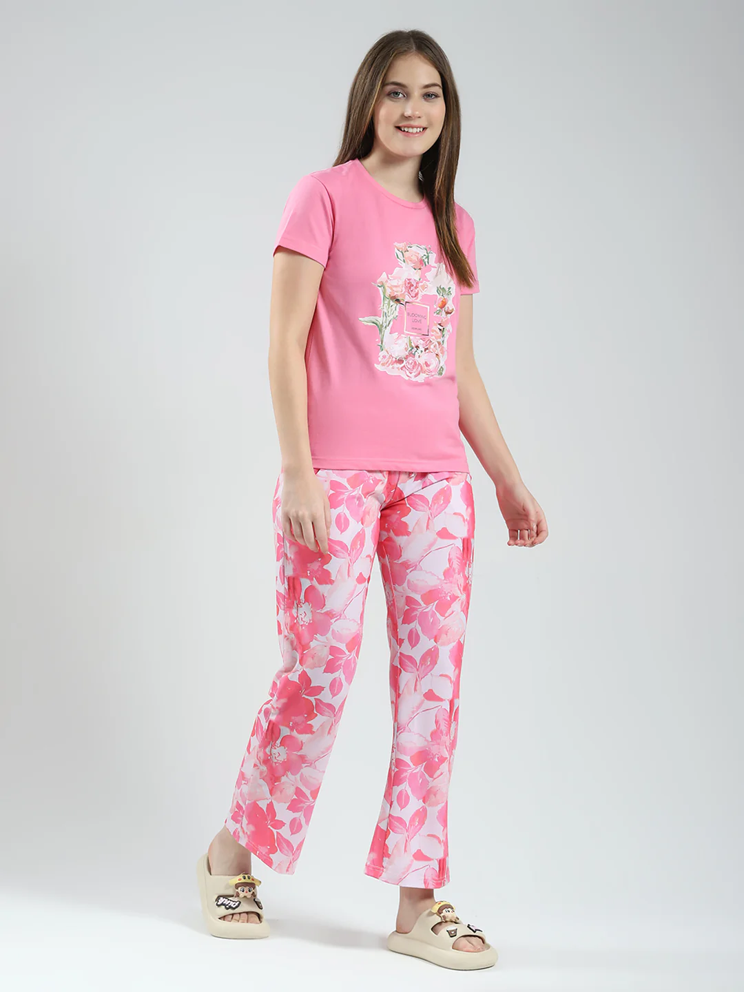Women Pink Printed Round Neck Half Sleeve Lower Set - Image 4