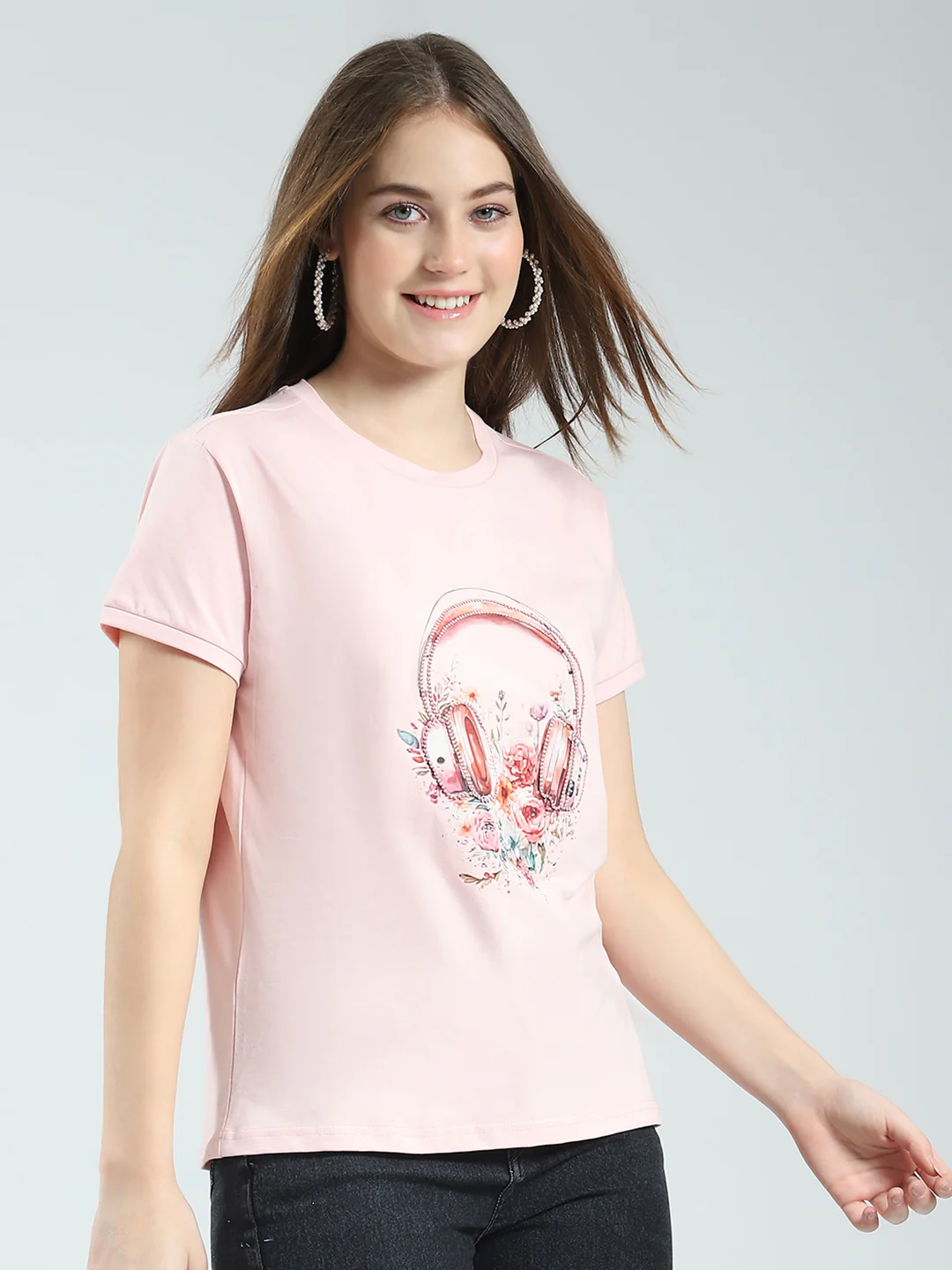 Women Pink Printed Round Neck Half Sleeve Top - Image 4