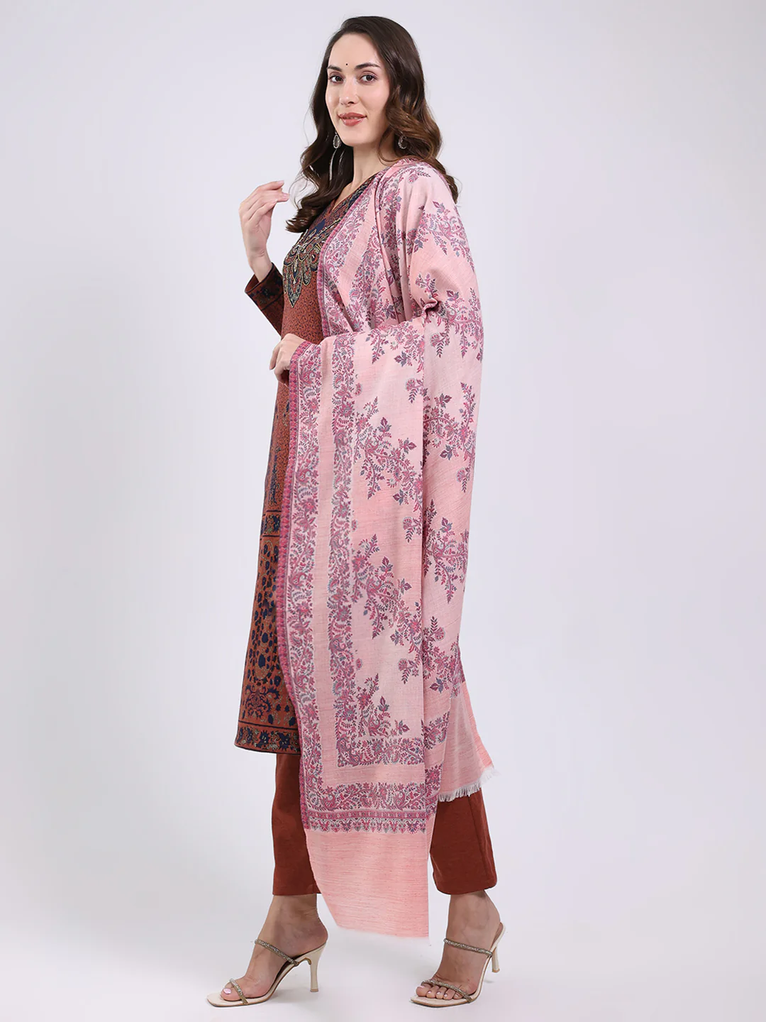 Women Pink Printed Wool Blend Shawl - Image 3