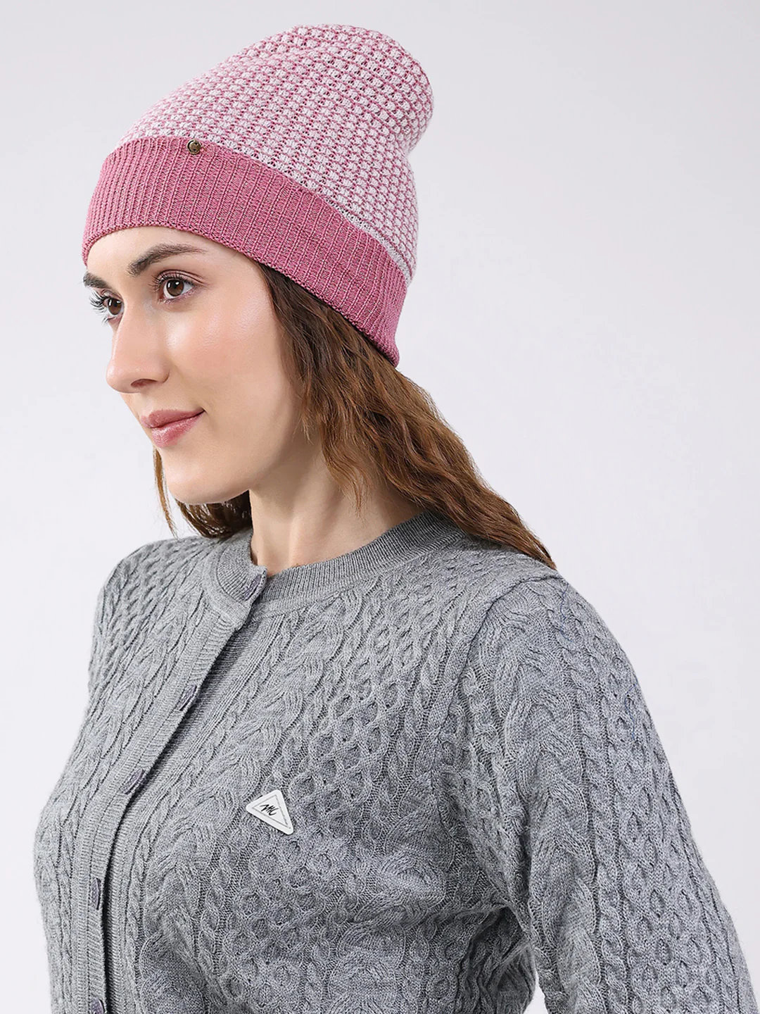Women Pink Self Design Blend Wool Cap - Image 3