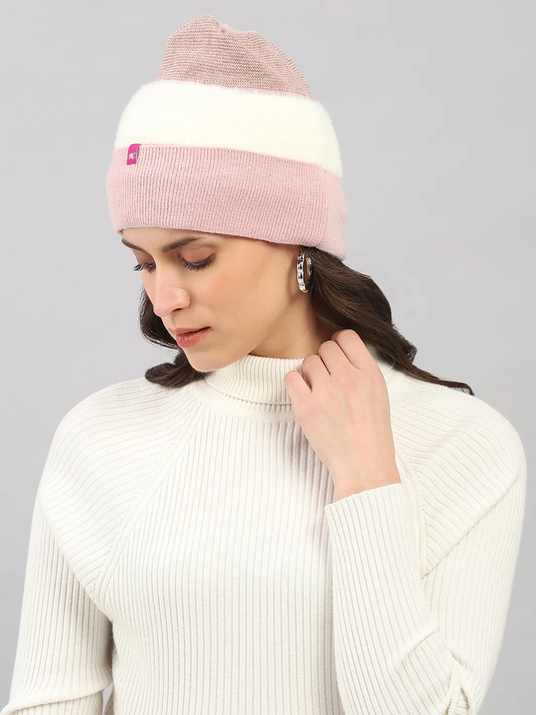 Women Pink Self Design Blend Wool Cap - Image 3