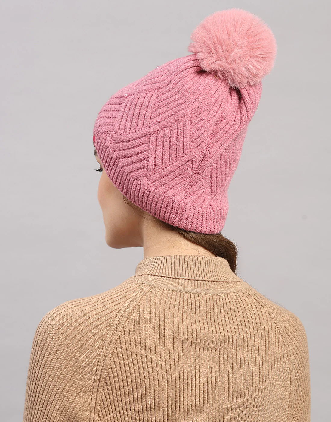 Women Pink Self Design Blend Wool Cap - Image 2