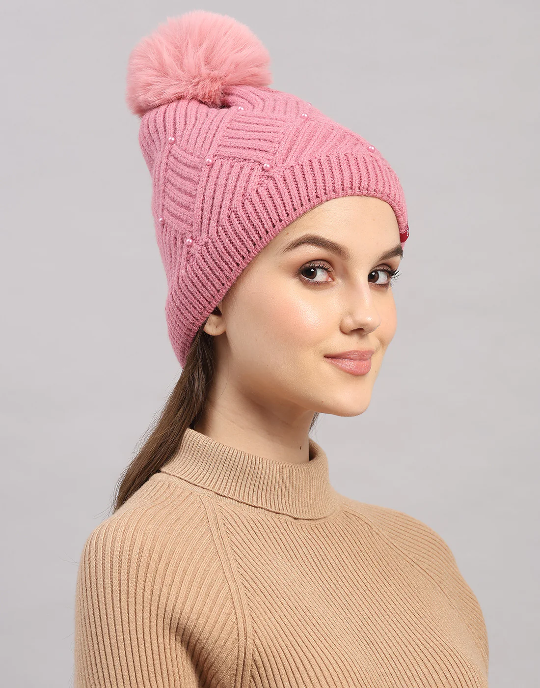 Women Pink Self Design Blend Wool Cap - Image 5