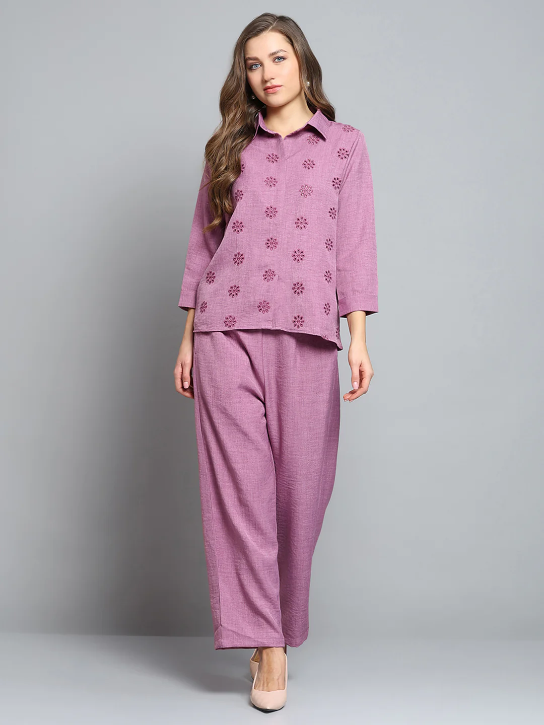 Women Pink Self Design Collar 3/4th Sleeve Cords Set - Image 3