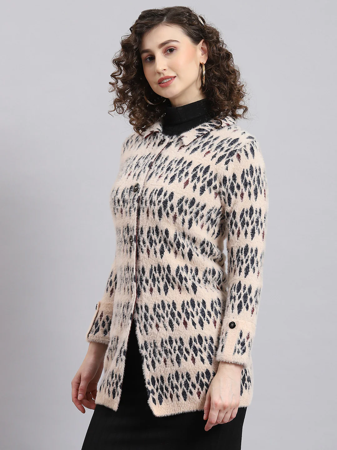 Women Pink Self Design Collar Full Sleeve Coat - Image 2