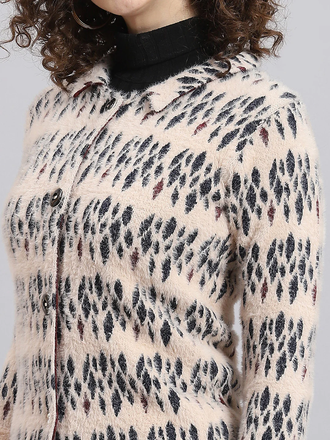 Women Pink Self Design Collar Full Sleeve Coat - Image 6