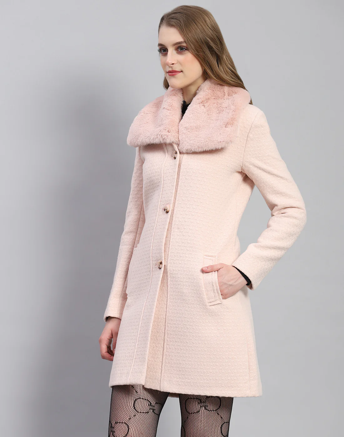 Women Pink Self Design Collar Full Sleeve Coat - Image 3